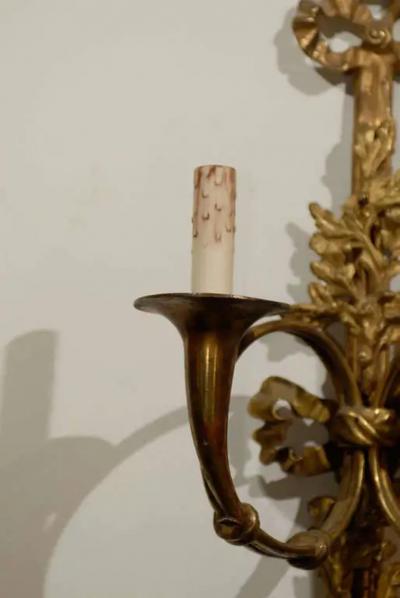 Pair of French Louis XVI Style Bronze Two Light Sconces with Hunting Horns