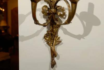 Pair of French Louis XVI Style Bronze Two Light Sconces with Hunting Horns