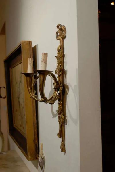 Pair of French Louis XVI Style Bronze Two Light Sconces with Hunting Horns