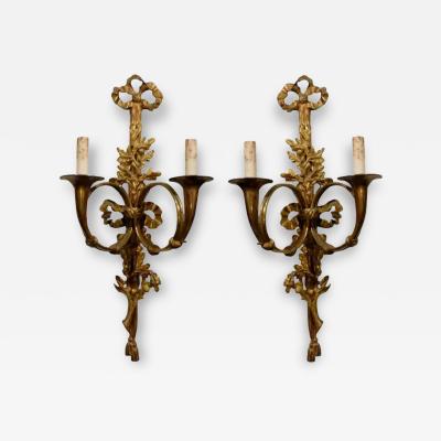 Pair of French Louis XVI Style Bronze Two Light Sconces with Hunting Horns