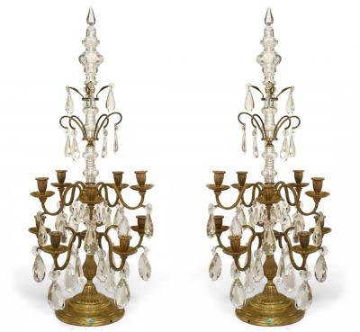 Pair of French Louis XVI Style Bronze and Crystal Candelabras