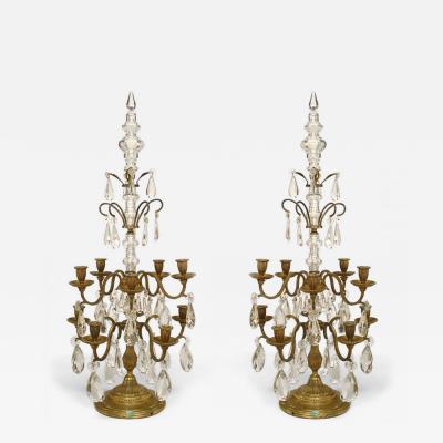 Pair of French Louis XVI Style Bronze and Crystal Candelabras