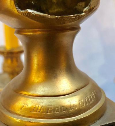 Pair of French Louis XVI Style Dore Bronze Sconces with Foundry Name