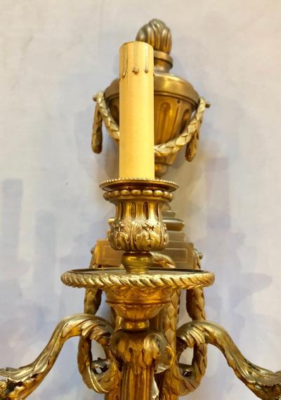 Pair of French Louis XVI Style Dore Bronze Sconces with Foundry Name