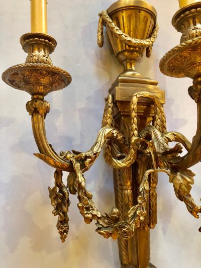 Pair of French Louis XVI Style Dore Bronze Sconces with Foundry Name