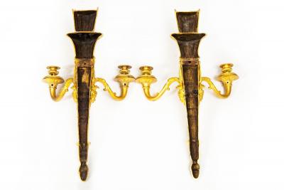 Pair of French Louis XVI Style Gilt Bronze Two Light Wall Sconces Candelabra