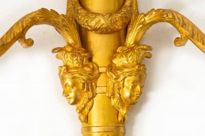 Pair of French Louis XVI Style Gilt Bronze Two Light Wall Sconces Candelabra