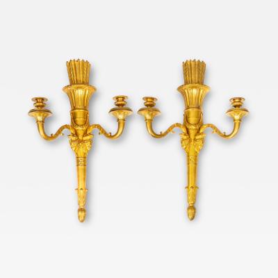 Pair of French Louis XVI Style Gilt Bronze Two Light Wall Sconces Candelabra