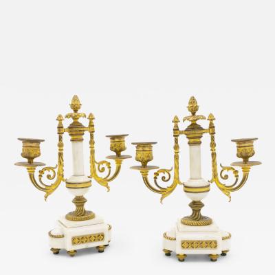Pair of French Louis XVI Style Marble and Bronze Candelabras