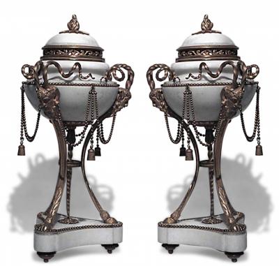 Pair of French Louis XVI Style Ormolu and Marble Cassolettes