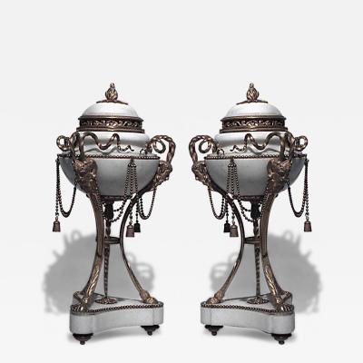 Pair of French Louis XVI Style Ormolu and Marble Cassolettes