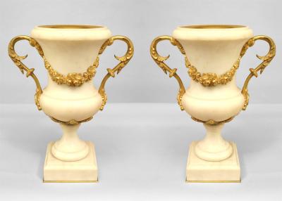 Pair of French Louis XVI Style Ormolu and White Marble Urns