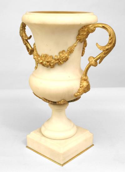 Pair of French Louis XVI Style Ormolu and White Marble Urns