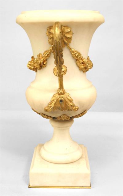 Pair of French Louis XVI Style Ormolu and White Marble Urns