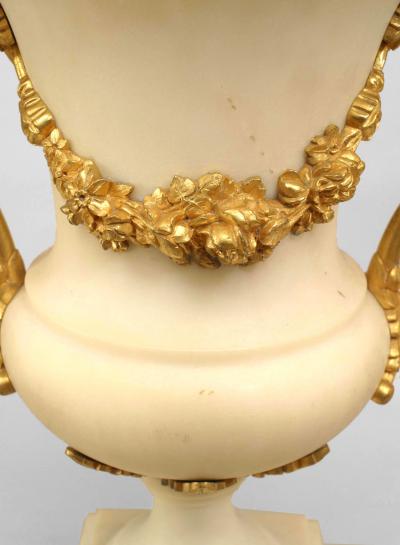Pair of French Louis XVI Style Ormolu and White Marble Urns
