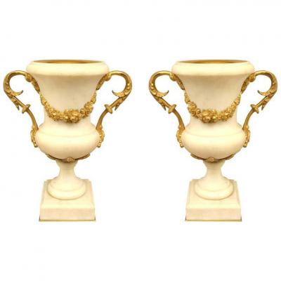 Pair of French Louis XVI Style Ormolu and White Marble Urns