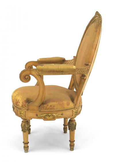 Pair of French Louis XVI Yellow Silk Arm Chairs