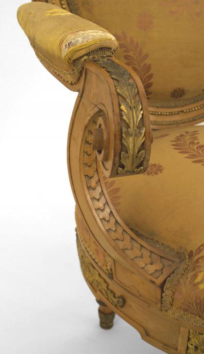 Pair of French Louis XVI Yellow Silk Arm Chairs