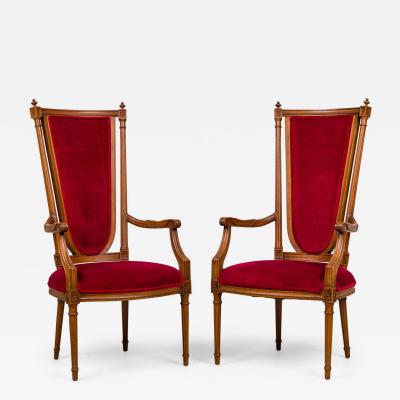 Pair of French Louis XVI style Red Velvet Upholstered High Back Armchairs