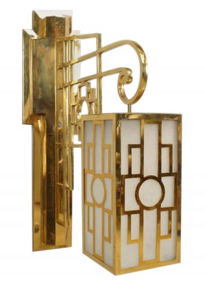 Pair of French Mid Century Brass Chinese Lattice Lantern Sconces