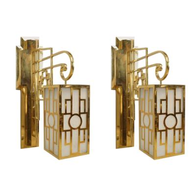 Pair of French Mid Century Brass Chinese Lattice Lantern Sconces