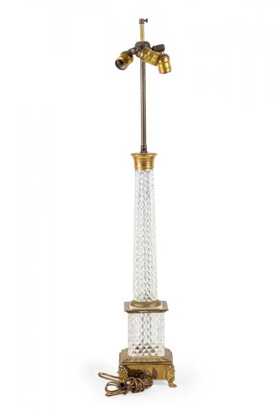 Pair of French Mid Century Diamond Cut Crystal Column Table Lamps