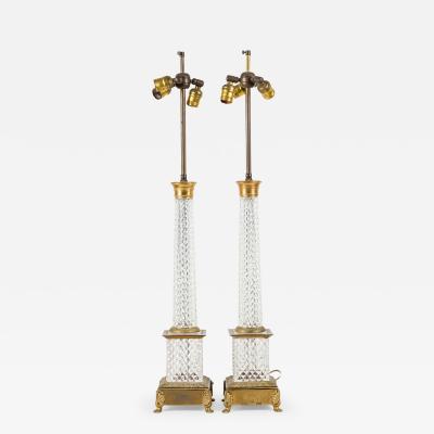 Pair of French Mid Century Diamond Cut Crystal Column Table Lamps
