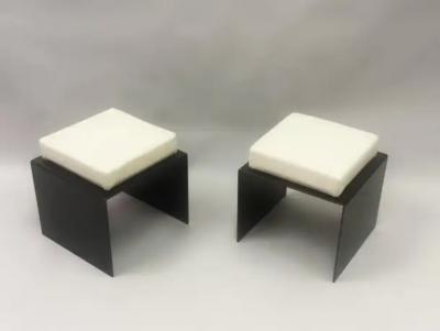 Pair of French Mid Century Minimalist Wrought Iron Cotton Benches Stools