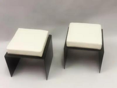 Pair of French Mid Century Minimalist Wrought Iron Cotton Benches Stools