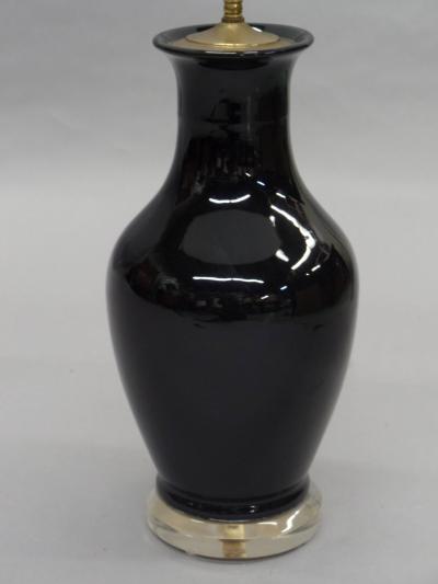 Pair of French Mid Century Modern Black Opaline Glass and Lucite Table Lamps