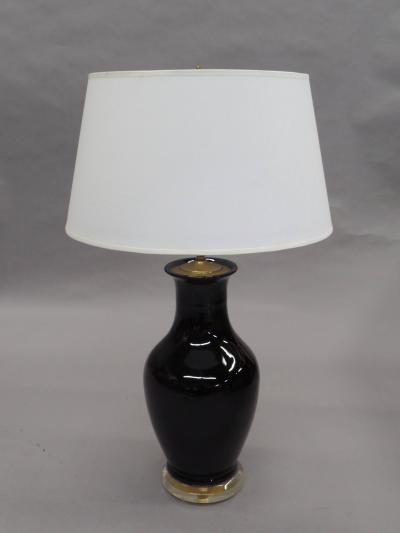 Pair of French Mid Century Modern Black Opaline Glass and Lucite Table Lamps