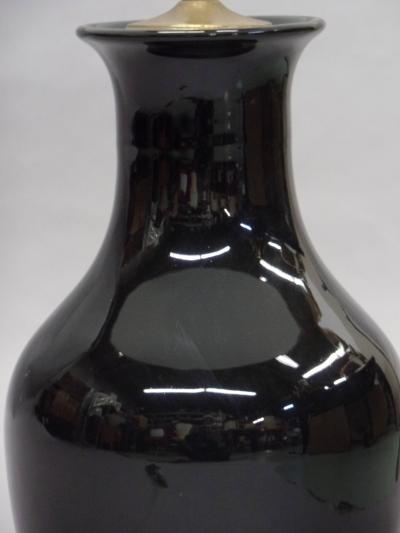 Pair of French Mid Century Modern Black Opaline Glass and Lucite Table Lamps