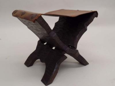 Pair of French Mid Century Modern Carved Wood and Leather Stools or Benches