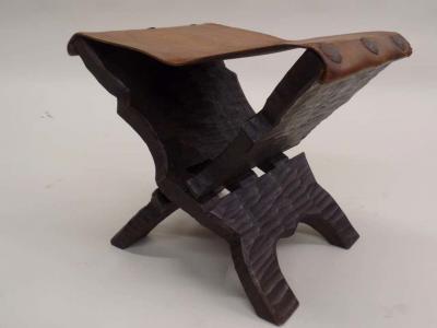 Pair of French Mid Century Modern Carved Wood and Leather Stools or Benches