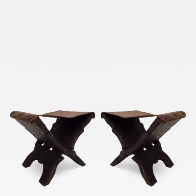 Pair of French Mid Century Modern Carved Wood and Leather Stools or Benches