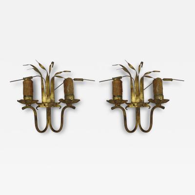 Pair of French Mid Century Modern Floral Gilt Iron Wall Sconces 1940