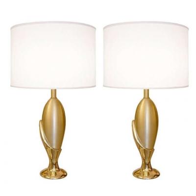 Pair of French Mid Century Modern Sculptural Bronze Table Desk Lamps