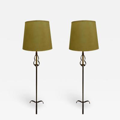 Pair of French Mid Century Partially Gilt Wrought Iron Floor Lamps 1940
