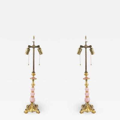 Pair of French Mid Century Rose Quartz and Bronze Table Lamps