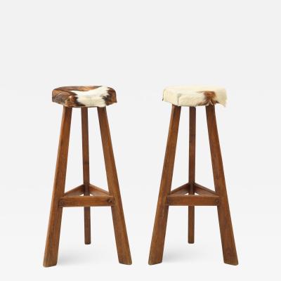 Pair of French Mid Century Stools with Cowhide Seats