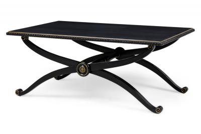 Pair of French Mid Century Style Black Lacquer Transitional Cross Base Cocktail