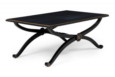 Pair of French Mid Century Style Black Lacquer Transitional Cross Base Cocktail