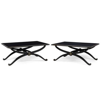 Pair of French Mid Century Style Black Lacquer Transitional Cross Base Cocktail