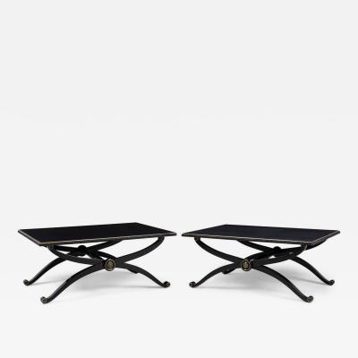 Pair of French Mid Century Style Black Lacquer Transitional Cross Base Cocktail