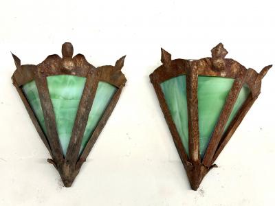 Pair of French Midcentury Modern Craftsman Stained Glass Wrought Iron Sconces