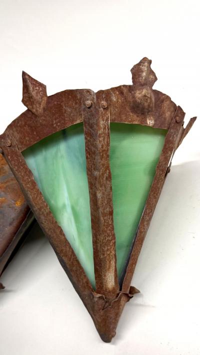 Pair of French Midcentury Modern Craftsman Stained Glass Wrought Iron Sconces