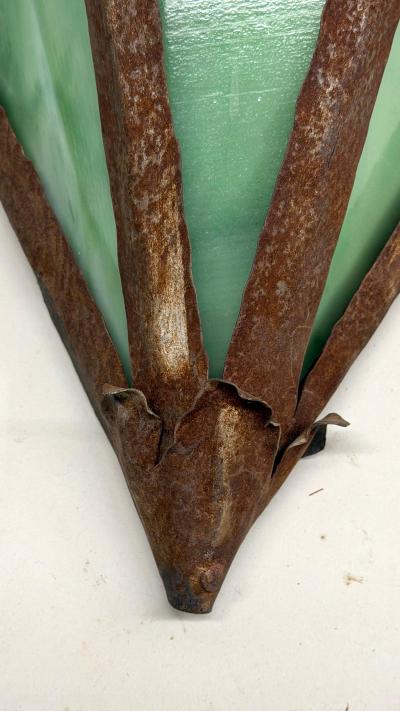 Pair of French Midcentury Modern Craftsman Stained Glass Wrought Iron Sconces
