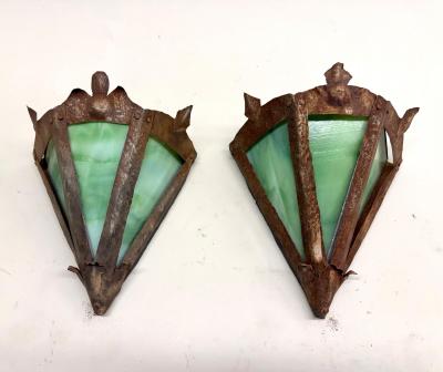Pair of French Midcentury Modern Craftsman Stained Glass Wrought Iron Sconces