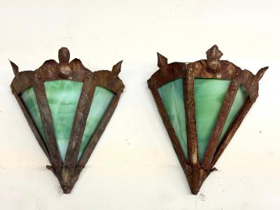 Pair of French Midcentury Modern Craftsman Stained Glass Wrought Iron Sconces