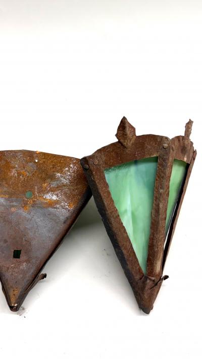 Pair of French Midcentury Modern Craftsman Stained Glass Wrought Iron Sconces